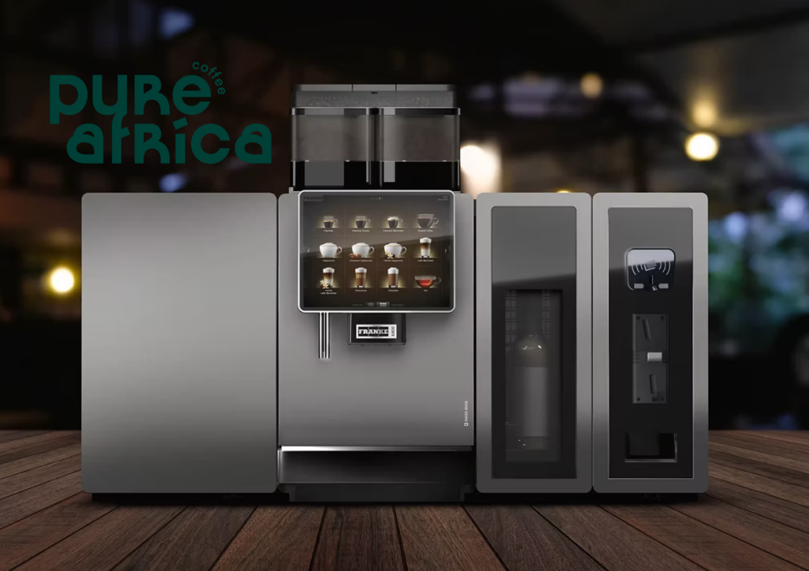 Professionele koffiemachine van Franke met Pure Africa logo