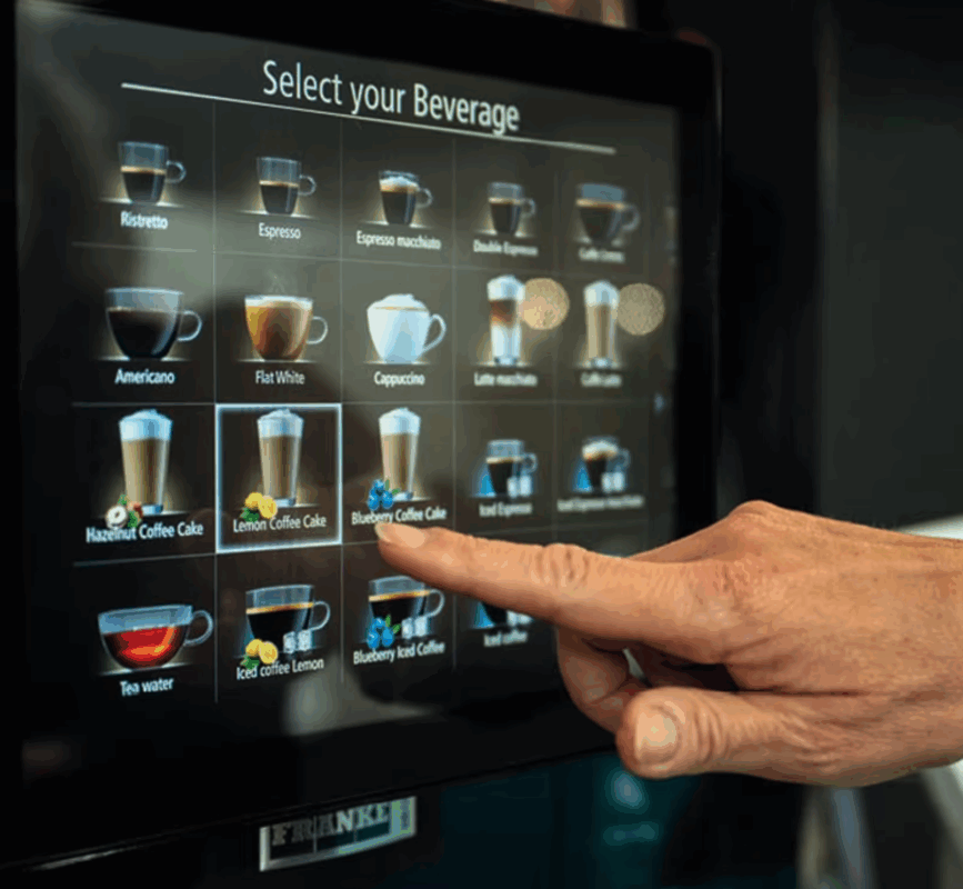 Touchscreen met 20 keuzes op Franke koffiemachine.